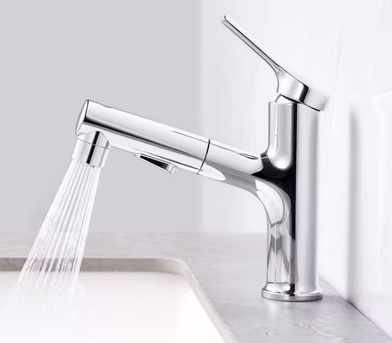 モダンな衛生陶器マットブラッククロームメッキ真鍮ボディシングルレバーハンドルスイベルバスルームキッチンシンク水混合栓プルダウン機能付き